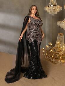Women's Plus-Size One-Shoulder Sequin Mermaid Evening Gown With Detachable Cape Sleeve & Corset Back, Elegant Formal Dress With Trumpet Hem For Black Tie Galas, Wedding Guest Dresses, Mother Of The Bride Gowns, Red Carpet Events, And Formal Dinners - Black - View 3