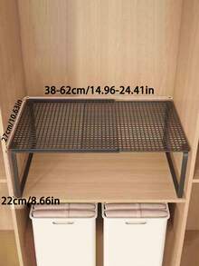 耐用可调节、可扩展衣柜收纳架 - 节省空间的可堆叠金属储物架，抛光表面，无需组装。适用于厨房、卧室、桌面收纳、储物架、实用架、收纳架、厨房架、厨房配件、鞋架、储物架、壁架。