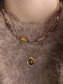 1pc/Set Vintage Elegant Multi-Layer Tiger Eye Stone Pendant Necklace, Women Double-Layer Clavicle Chain Jewelry Set, Fashion Accessories For Daily Wear And Party, Best Friend Gift (Natural Stone Color And Quantity Of Round And Square Beads Are Random) - Nhiều màu 7 - Xem 4