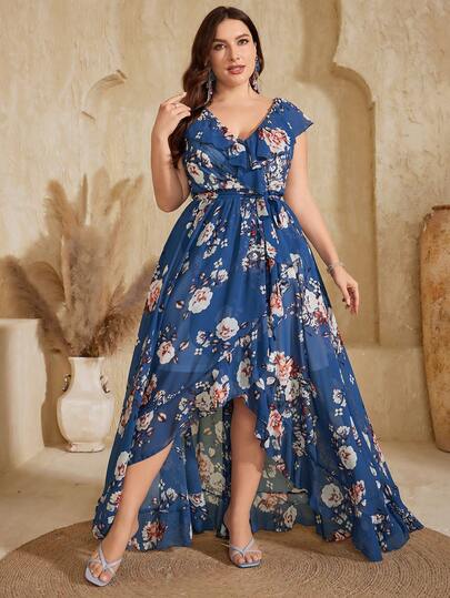 UNITHORSE Non-Positioning Flower V-Neck Ruffle Collar Detachable Tie Asymmetrical Ruffle Hem Printed Bridesmaid Dress