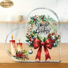 Christmas Decorations 2D Flat, 1pc Heart-Shaped Acrylic Desktop Ornament - Merry Christmas Decoration With Red Berries, Holly Leaves - Elegant Tabletop Decor For Home, Office, Party - Perfect Holiday, Birthday, Wedding, Anniversary Gift - Durable Acrylic Plaque