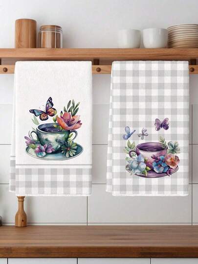 2pcs Butterfly Kitchen Dish Towel Set, Polyester Hand Towels With Flowers Pattern, Super Soft Woven Dishcloths, Machine Washable, Ideal For Holiday Gifts & Home Decor.