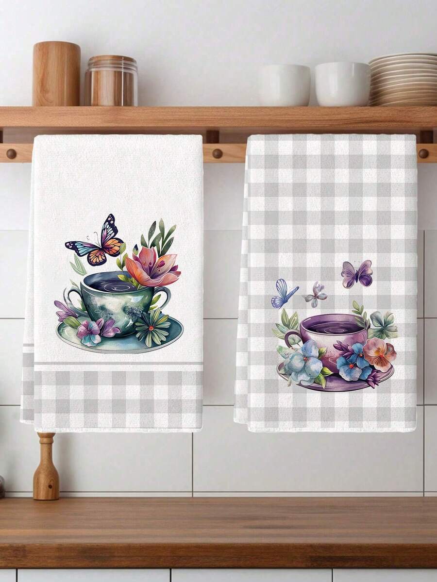 2pcs Butterfly Kitchen Dish Towel Set, Polyester Hand Towels With Flowers Pattern, Super Soft Woven Dishcloths, Machine Washable, Ideal For Holiday Gifts & Home Decor. - Multicolor - View 1