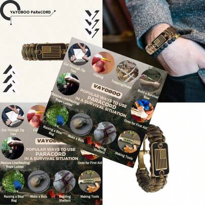 Paracord Bracelet Tactical Survival Bracelet For Men With Bronze USA Flag 3 Adjustable Sizes Green Camo L