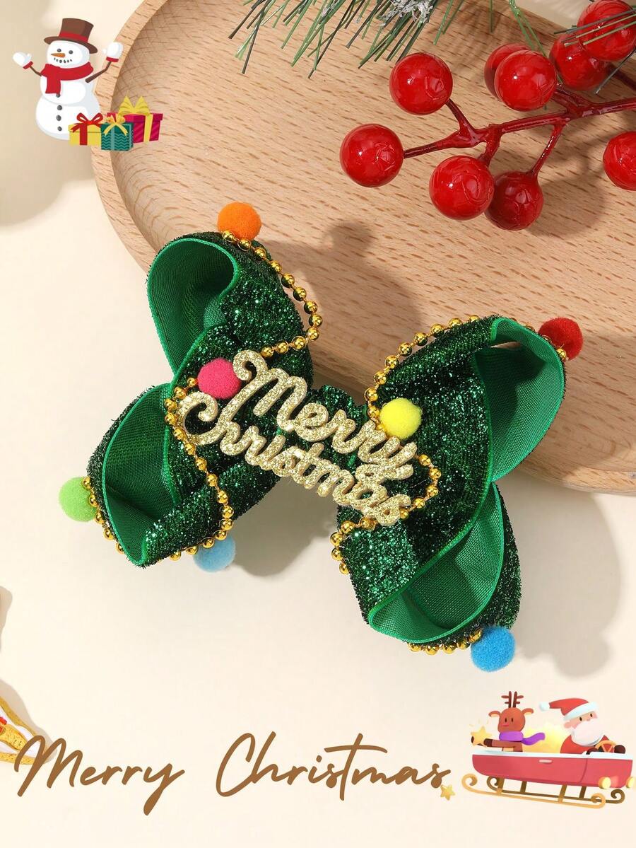 1pc Christmas Day Style Hair Bow Clips For Girls,Green Color Sparking Glitter Design Letter Decor Headdress,Bowknot Hair Clips Duck Clips Hair Accessories
