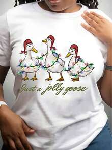 Women's T-Shirt Christmas Ducks With Lights Print Just A Jolly Goose Plus Size Holiday Party Casual Top 220g - 白色 - 查看 1