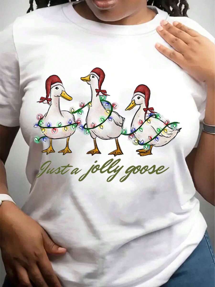 Women's T-Shirt Christmas Ducks With Lights Print Just A Jolly Goose Plus Size Holiday Party Casual Top 220g - 白色 - 查看 1