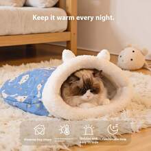 Cozy Cat Cave Bed - Enclosed Sleeping Bag For Kittens & Small Dogs - Ultra-Soft, Machine Washable Lamb Fleece - Perfect Retreat For Ultimate Comfort & During Fall & Winter - N50Bluecatbag - Xem 1