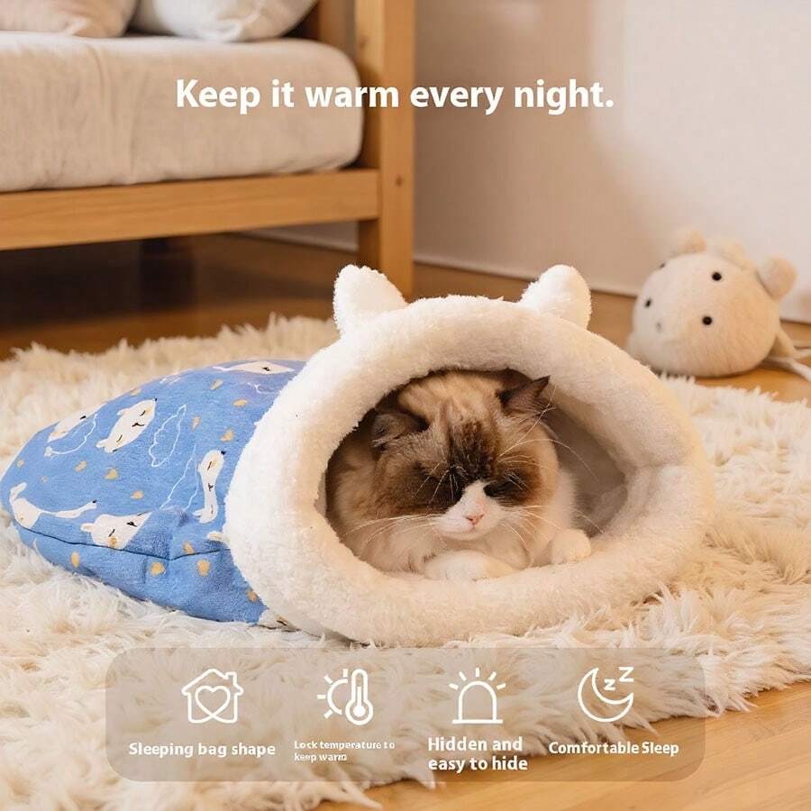 Cozy Cat Cave Bed - Enclosed Sleeping Bag For Kittens & Small Dogs - Ultra-Soft, Machine Washable Lamb Fleece - Perfect Retreat For Ultimate Comfort & During Fall & Winter - N50Bluecatbag - Xem 1
