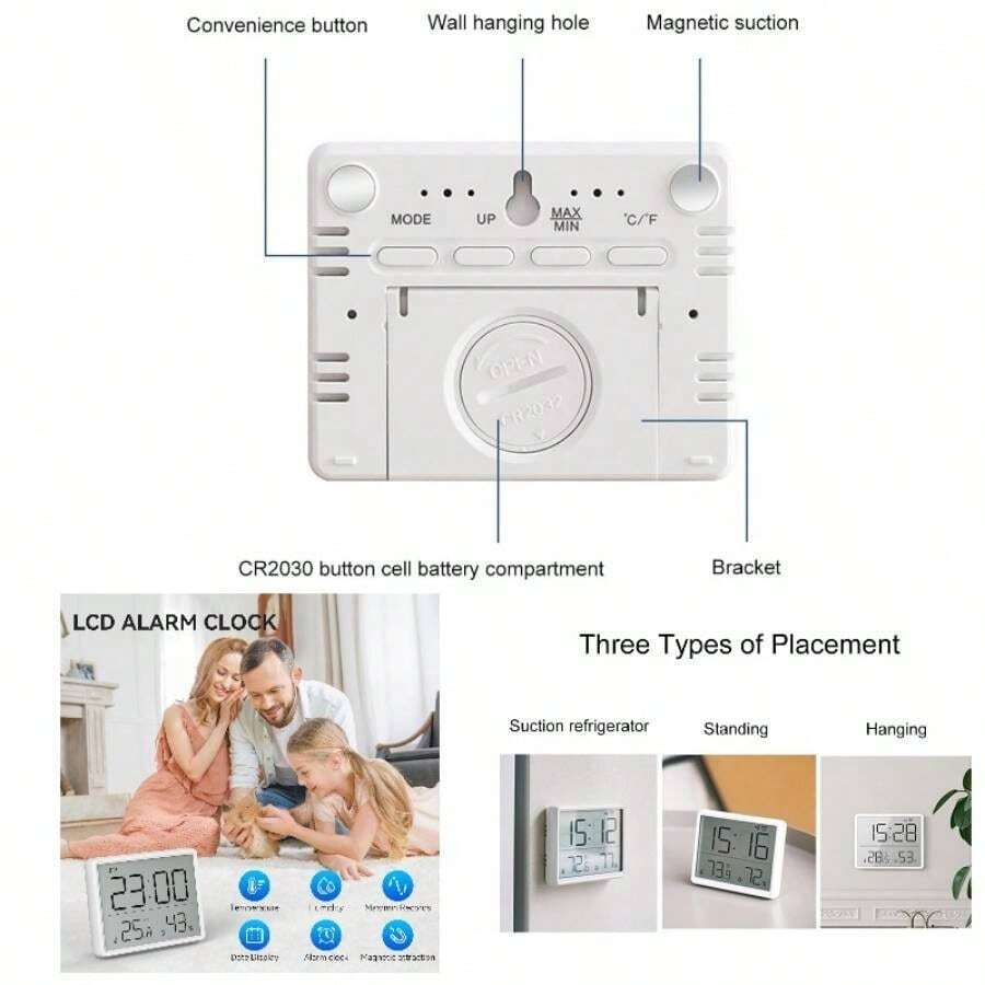 Reloj Electrnico, LCD Alarma Pequea con Pantalla de Pared Multifuncional Temperatura Humedad Sensorial 12/24 Horas/ Soporte de Batera para el Hogar Estudiantes Oficina. - Blanco - Ver 1