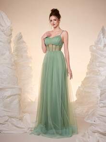 Đầm phù dâu Magiacy mới, cổ chữ V, dây mảnh, màu trơn, xếp ly, xẻ cao và chân váy dài bằng vải lưới, thích hợp cho đám cưới mùa xuân. - màu xanh lá - Xem 4