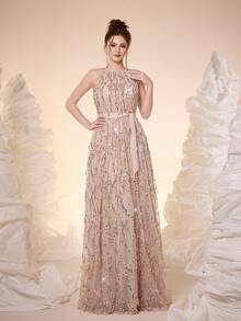 Mgiacy,New Arrival,Romantic Women's Sleeveless Halter Sequin Gown Long Flared Prom Dress With Belt Tie Back And Zipper Details Elegant And Glamorous Non-Stretch Evening Wear