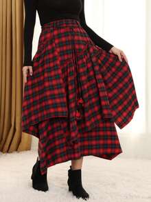 Scottish Style Women's Tartan Skirt - Elegant High Waist With Celtic FringeFlowyAsymmetrical Hem | Non-Stretch Fabric | All-Season Wear - Đỏ - Xem 4