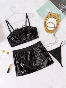 3pcs Sexy Lingerie Set, Includes Chest Strap Bra, Suspender Mini Skirt, And G-String - Black - View 11
