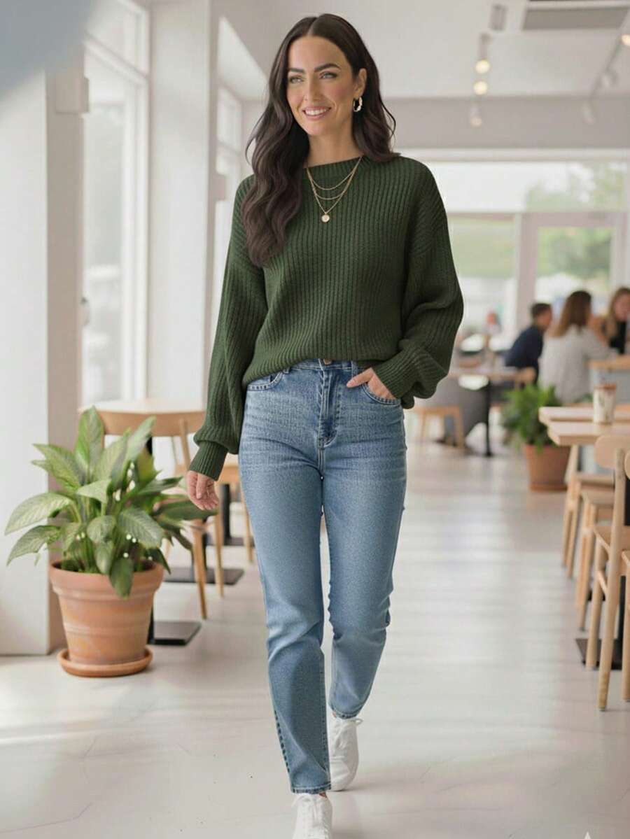 WOMEN'S KNIT SWEATER Puffed Sleeve Knitted Fang Modern Sophisticated - VERDE - 查看 1