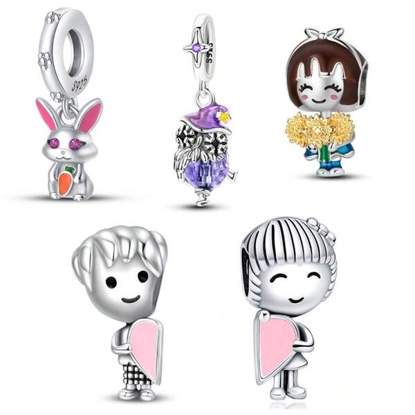 1 pezzo Ciondolo in argento sterling della collezione "Benedizioni" a tema cartoni animati - Coniglio con carota, Gufo viola, Ragazza con girasole, Ciondolo a forma di cuore per bambino, Ciondolo a forma di cuore per bambina. La scelta perfetta per la creazione di gioielli fai-da-te, abbinabile perfettamente a bracciali, collane e perline in serpentino naturale. Un regalo di lusso per i propri cari.