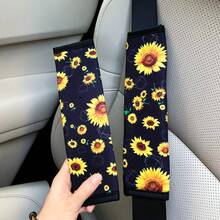 Sunflower Car Interior Set, Sunflower Printed Steering Wheel Cover, Seat Belt Cover, Anti-Slip Elastic Universal Car Styling Print, Slight Deviation In Printing Position