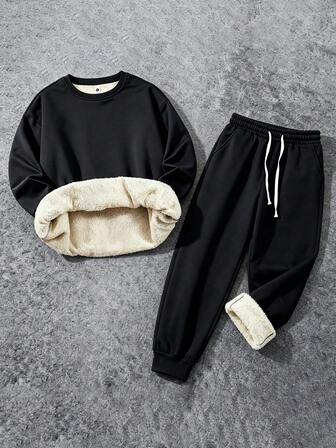 Plus Size Men's Casual Loose Fit Thermal Lined Sweatshirt And Pants Set, Autumn/Winter