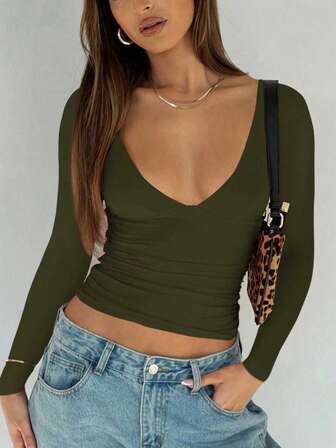 Fashionable Sexy V-Neck Tight Fit Long Sleeve Base Layer Top, Spring/Summer New Arrival