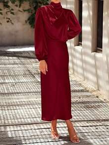 Satin Long Sleeve High Neck Ruched Asymmetrical Elegant Formal Dress, Suitable For Cocktail Party, Bridesmaid - Burgundy - View 4