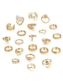 Set 22 Cincin Jari Emas Vintage Boho dengan Simbol Mistis - Ular, Bulan, Bintang, Mata Jahat, dan Totem - Cincin Jari Tengah, Cincin Salib - Paket Hemat, Hadiah Perhiasan untuk Wanita - MultiWarna - View 3