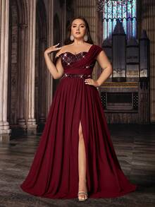 大码优雅纯色雪纺亮片拼接无肩带开衩长裙 - 酒紅色 - 查看 3