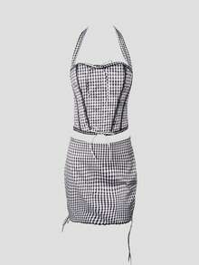 Yuwenier Y2K Elegant Bow Front Boned Lace Contrasting Trim Backless Halter Corset Tops & Low Waist Both Side Drawstring Lace Up Hem Bodycon Skirt Spring Fall Going Out Date 2Pcs Set Outfit For Women - màu đen - Xem 6