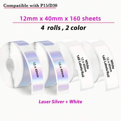 4 rollos de papel térmico blanco con etiquetas láser plateadas, 1.2m X 4cm, compatible con impresoras de etiquetas inalámbricas P15/Phomemo D30 y talla grande, etiquetas sin chip, impresión suave resistente al agua y al aceite. Adecuado para identificación de productos