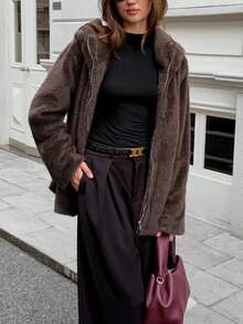 Vaiaye Women's Autumn/Winter New Christmas Edition Mid-Length Fashion Faux-Fur Coat With Thick Plush Collar & Lining – Fluffy Warm Outerwear - Brown - View 2