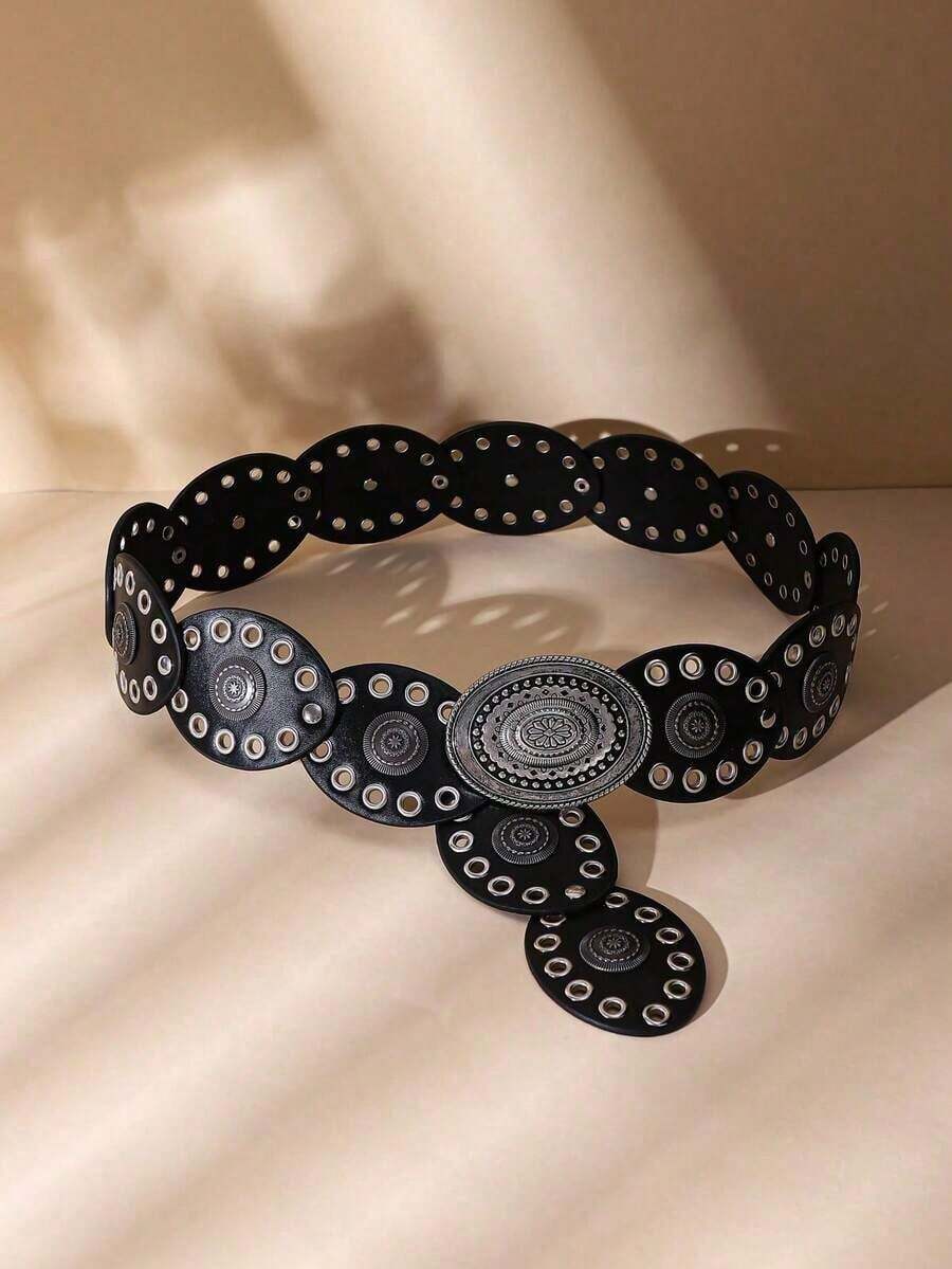 1pc Cowgirl Style Bohemian Western Belt For Women, Chunky Cowboy Belt, Fashion Accessory, Suitable For Dresses, Jeans, Parties, Festivals, Holidays, Black & Vintage Copper Floral Buckle, Oval Waist Band - 黑4 - 查看 1