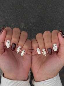 Use It To Change Your Nails, 24 Pieces/Set Of Simple Style Medium Oval Press-On Nails, Designed With Vintage Brown Checkered Polka Dot Bow Pattern, Suitable For Girls And Women To Wear On Daily Dates And Parties, Elegant & Fashion Fairy Accessories, Nails Press On, Christmas & New Year Nails, For Holiday, Party, , Christmas Decoration Nails - Multicolor 2 - 查看 9