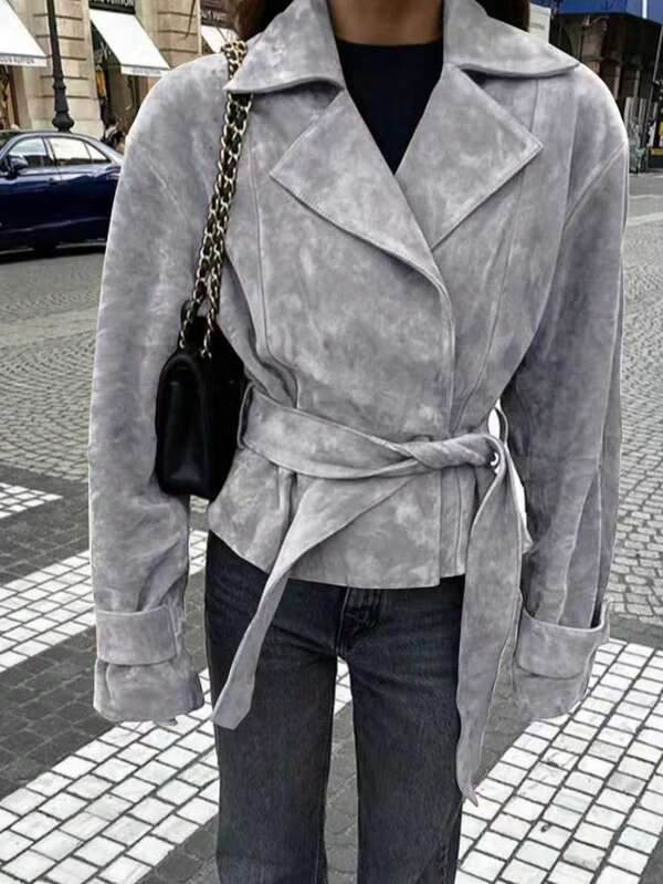 Veste de dessus ceinturée de couleur unie, décontractée pour femmes