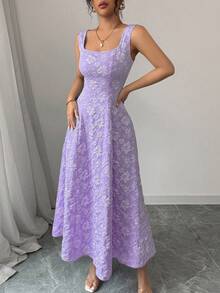 Elegant And Exquisite Jacquard Dress With Wide Straps, Floral Texture, Mid-Length, Slim-Fit, Casual Style For Vacation - Xem 6