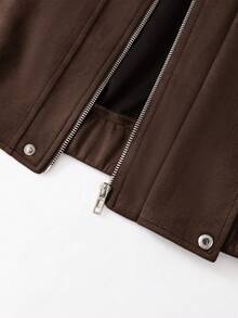 Women's Casual Retro Diagonal Zipper Faux Suede Short Jacket, Lapel Motorcycle Jacket - Brown - View 5