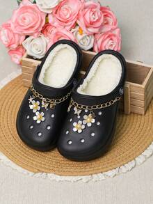 CIVHOM 女士冬季毛绒内衬一脚蹬木屐 - 非 EVA 拖鞋 室内/室外家居鞋，舒适织物衬里 - 黑色 - 查看 3