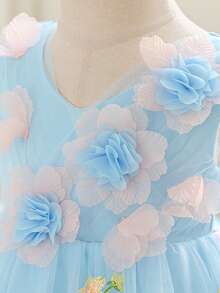 Baby Girls V-Neck 3D Floral Embroidered Mesh Princess Dress, Suitable For Birthday Party, Flower Girl, Wedding, Without Headband