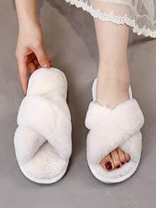 Women's Fashionable Fluffy Slippers, Cross Striped Fluffy Slippers, Soft And Lightweight Indoor Home Slippers, Quiet Carpet Slippers, Open Toed Slippers - White - View 10