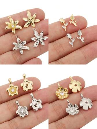 10 colgantes de flor DIY elegantes y dulces, hechos de cobre con circonita micro-pavimentada, chapados en oro de 18K, accesorios de flor románticos exquisitos, de moda y adecuados para colgar en cualquier joyería