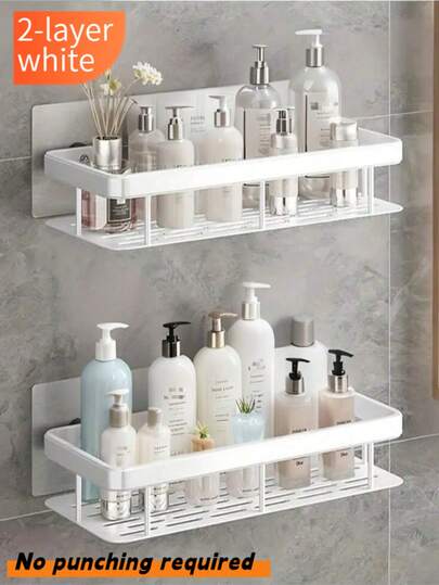 半件装白色浴室收纳架，大容量壁挂式，无需钻孔，铝合金材质 - 壁挂式淋浴洗发水架、浴室毛巾架、壁挂式矩形支架、粘贴式浴室淋浴架 - 厨房配件、浴室配件、浴室和厨房收纳、墙面装饰、圣诞礼物、浴室配件、浴室工具、浴室配件