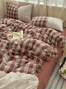 Set de lenjerie de pat pentru dormitor, 3/4 bucăți, moale și confortabil, cu dantelă, model în carouri, de înaltă calitate, include 1 husă de pilotă, 1 cearșaf, 1/2 fețe de pernă, fără umplutură, potrivit pentru dormitor, cămin, uz casnic, disponibile în mai multe dimensiuni