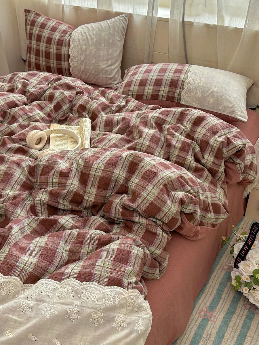 Set de lenjerie de pat pentru dormitor, 3/4 bucăți, moale și confortabil, cu dantelă, model în carouri, de înaltă calitate, include 1 husă de pilotă, 1 cearșaf, 1/2 fețe de pernă, fără umplutură, potrivit pentru dormitor, cămin, uz casnic, disponibile în mai multe dimensiuni