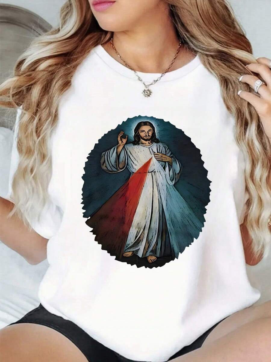 Imagen Religiosa Con Figura Sagrada Irradiando Rayos De Luz Rojo Y Azul Simbolizando Misericordia Y Paz Camiseta De Casual De Manga Corta - Blanco - Ver 1