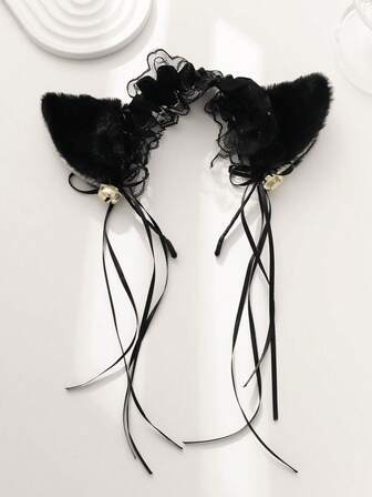 1 件哥特式风格新款猫耳蕾丝边毛绒头带，适合万圣节和日常使用