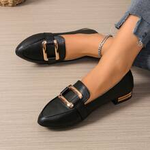 女式学院风商务按扣纯金属休闲舒适平底乐福鞋，黑色 - 黑色 - 查看 10