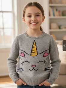 Suéter niña gris manga larga con diseño tierno de unicornio y corazón, tejido suave y cálido. Ideal para otoño e invierno, perfecto para uso diario, escuela, fiestas o regalo. Cómodo, fácil de combinar y moderno. - Gris - Ver 1