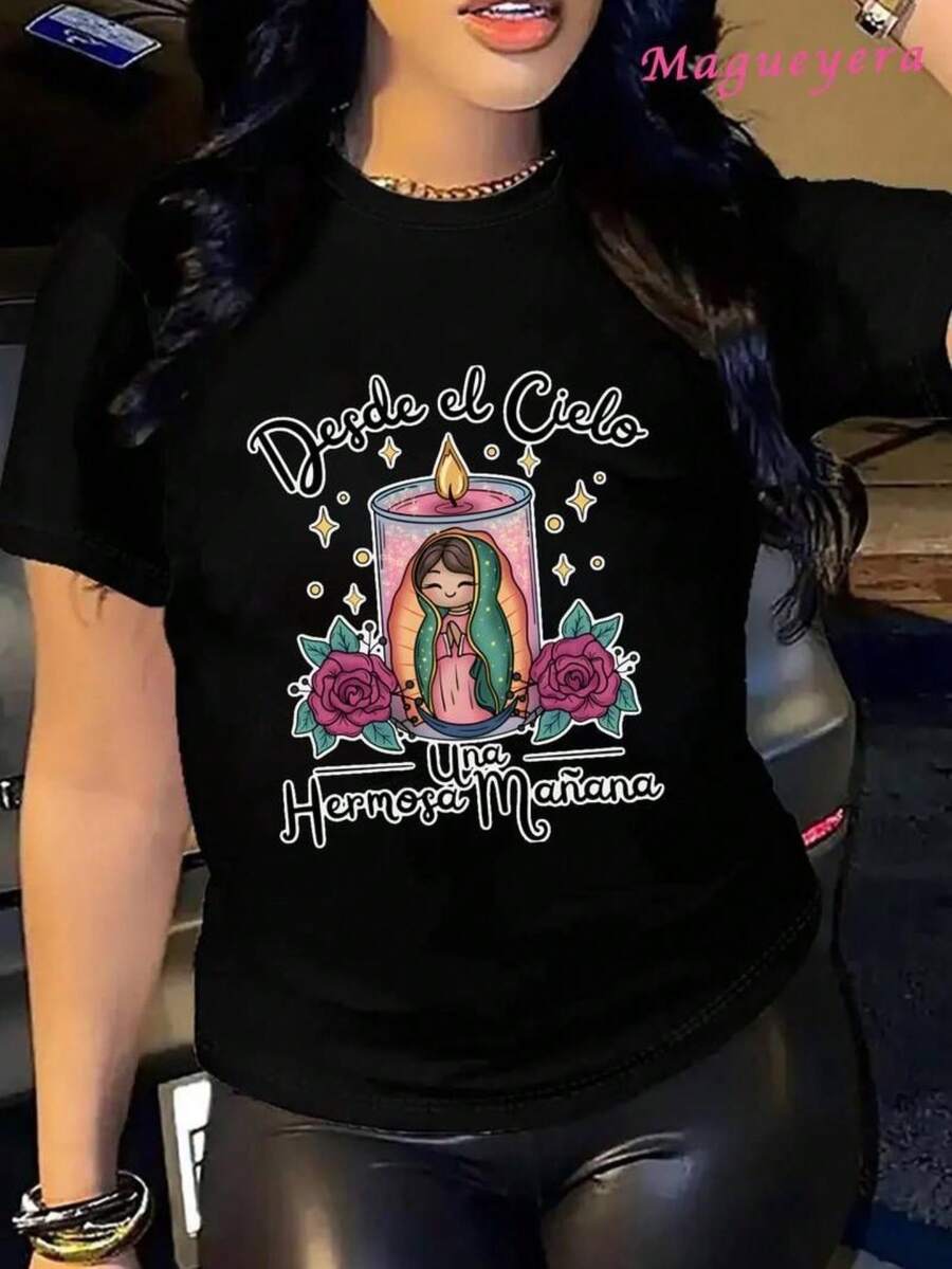 Camiseta casual para mujer estilo espiritual con estampado religioso de vela y flores, tela ligera, impresión colorida, ajuste holgado, cuello redondo, manga corta, primavera y verano, uso diario, camiseta - Negro - Ver 1
