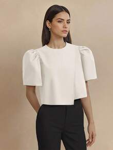Amyenjoylife Modern Filipiniana Blouse,Sleek Irregular Hem Solid Shirt,Simple And Elegant Bubble Sleeve Round Neck Pullover, Irregular Hem Shirt,Filipiniana Inspired Top,Thanksgiving White Top - White - View 5