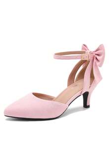 MAIERNISI JESSI Women's Wedding Evening Party Bow Kitten Heels Pumps Ankle Strap Buckle Dress Shoes - 粉色 - 查看 15
