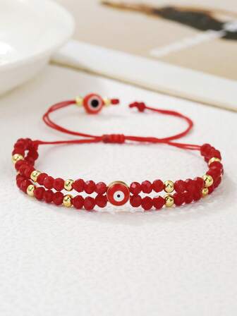 1 pieza Pulsera ajustable con doble capa, cuentas de cristal rojo con ojo de la suerte y diseño de dibujos animados, adecuada para niños, niñas, uso diario, pulsera de , regalo de Año Nuevo, a juego entre padres e hijos