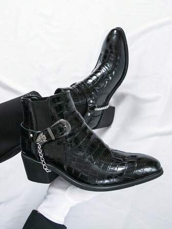 男士粗跟中筒切尔西靴，侧拉链，防滑，耐用，休闲商务穿着